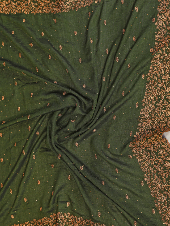 Satin Silk Heavy Zari & Stone Embroidered Floral Border Saree with Contrast Embroidered Blouse