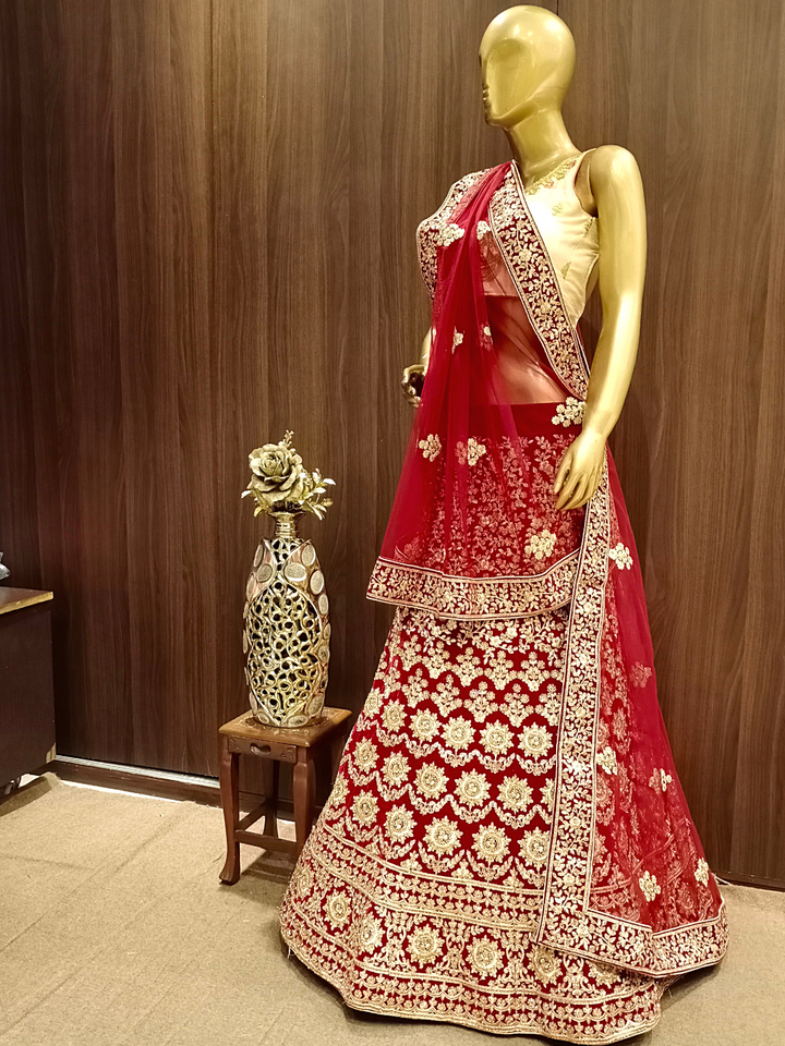 Heavy Ornate Semi-stitched Bridal Lehenga with Gold Zari ,Kundan Embroidery