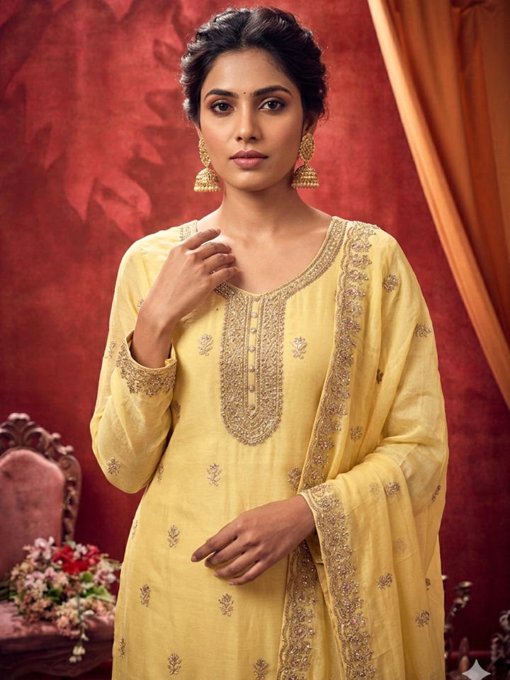 Zari Sequinned Embroidered Silk Kurta with Sharara and Dupatta with Floral Booti Pattern