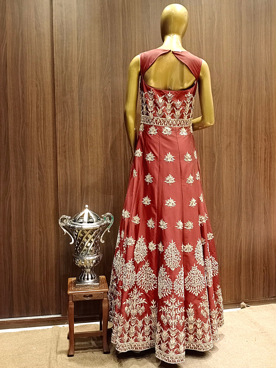 Traditional Gotta Patti Maroon Flared Silk Gown with Gold Zari Embroidery