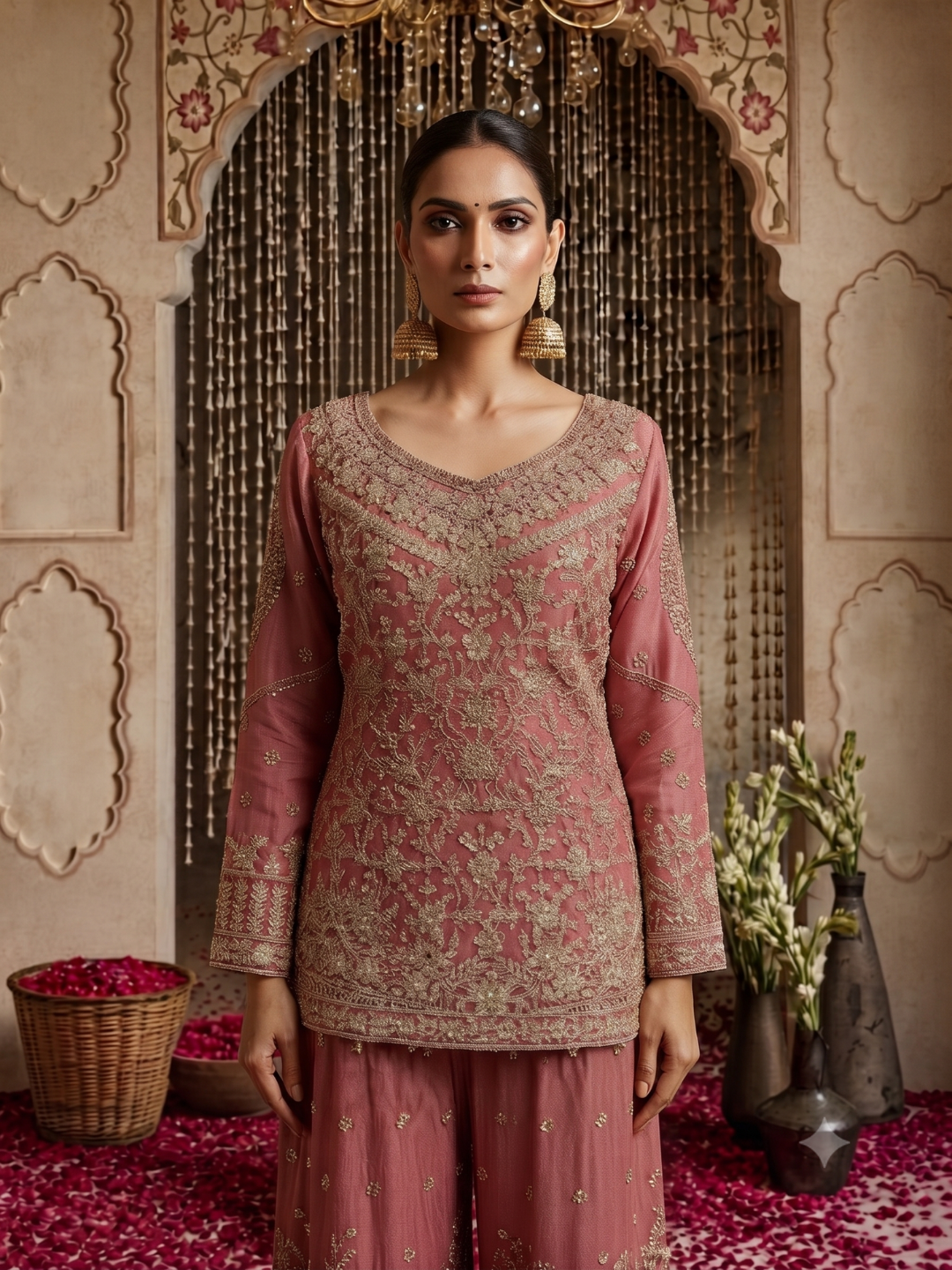 Zardozi & Sequin Embroidered Kurta with Sharara Set in Rose Pink