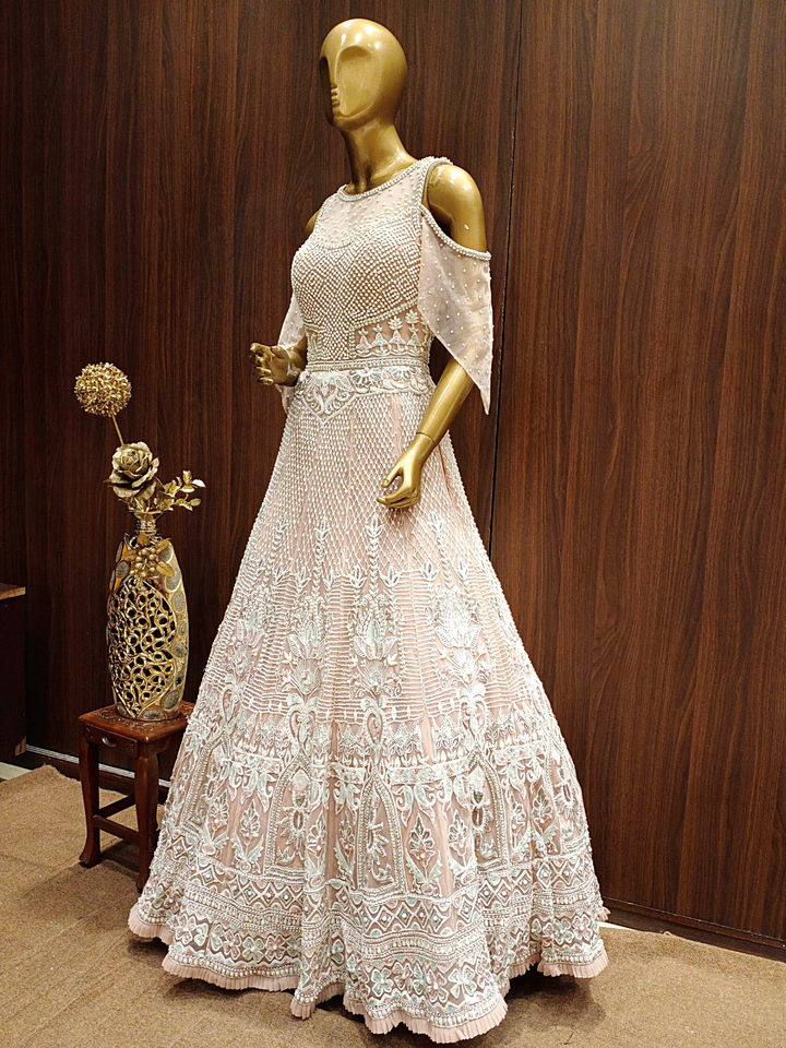 Pastel Pink Crystal Hand Embellished Layered Gown with Resham Embroidery