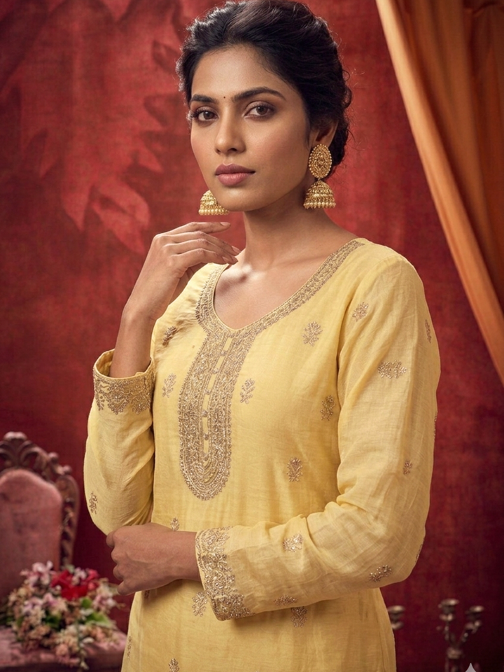 Zari Sequinned Embroidered Silk Kurta with Sharara and Dupatta with Floral Booti Pattern