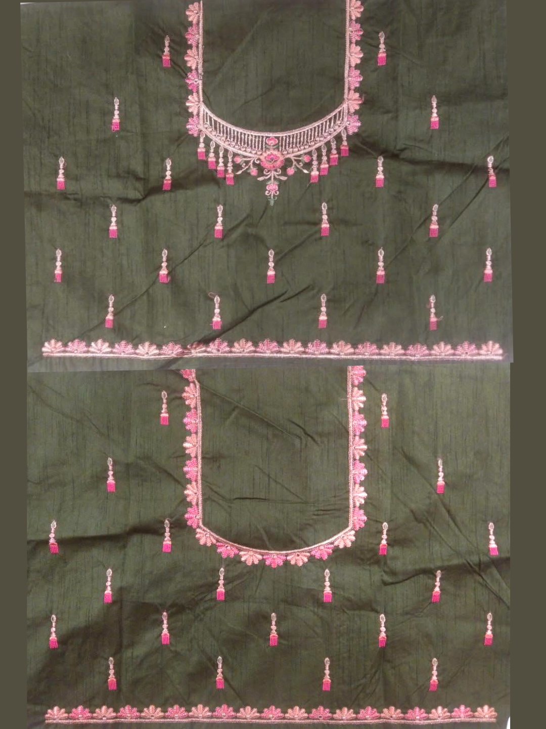 Olive Green Semi-Stitched Silk Lehenga Set with Contrast Crepe Dupatta & Resham Embroidery