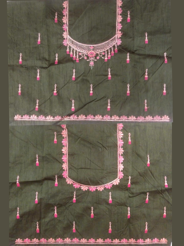 Olive Green Semi-Stitched Silk Lehenga Set with Contrast Crepe Dupatta & Resham Embroidery