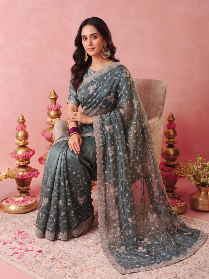 Tissue Organza Saree with Zari Floral Vine Embroidery & Scalloped Cutwork Border