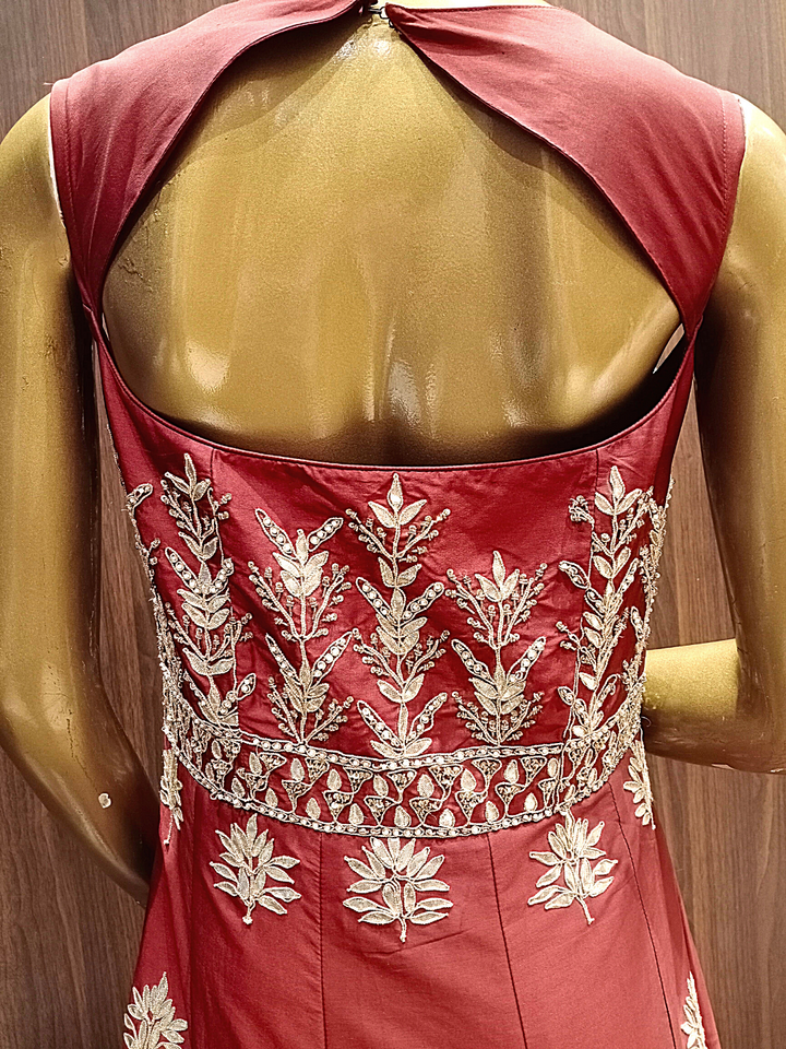 Traditional Gotta Patti Maroon Flared Silk Gown with Gold Zari Embroidery