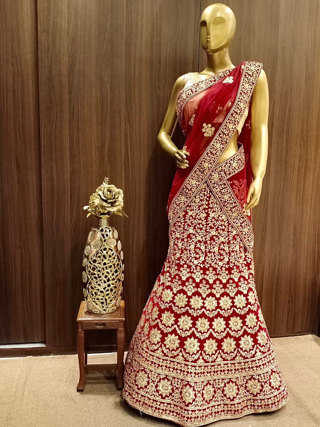 Heavy Ornate Semi-stitched Bridal Lehenga with Gold Zari ,Kundan Embroidery