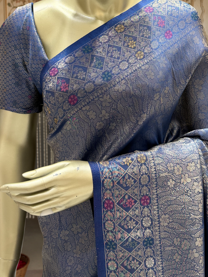 Steel Blue Banarasi Silk Saree with Zari Woven Floral Jaal & Meenakari Floral Medallion Pallu