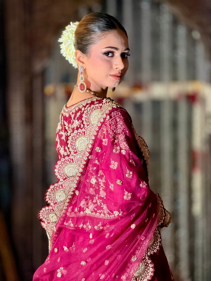 Zari Embroidered Long Kurta with Red Sharara Set in Pink