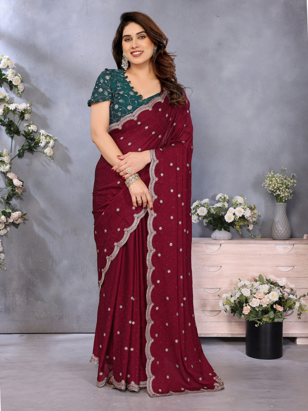 Maroon Sequin Embroidered Scalloped Border Saree with Green Embroidered Blouse