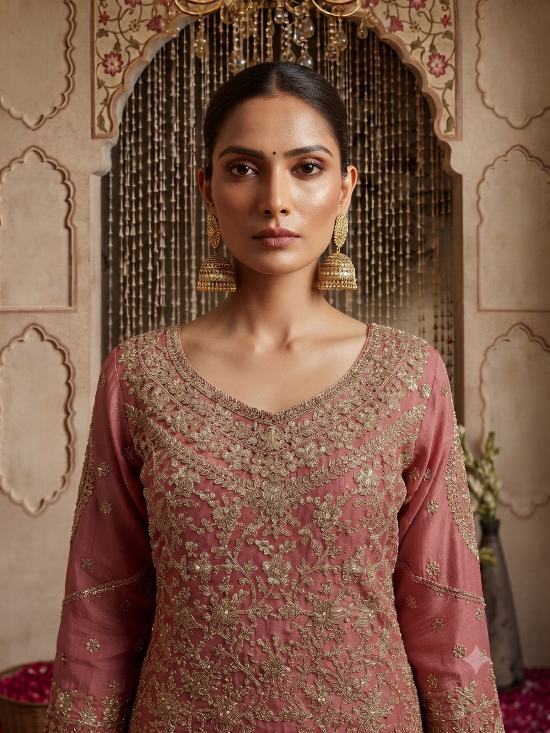 Zardozi & Sequin Embroidered Kurta with Sharara Set in Rose Pink
