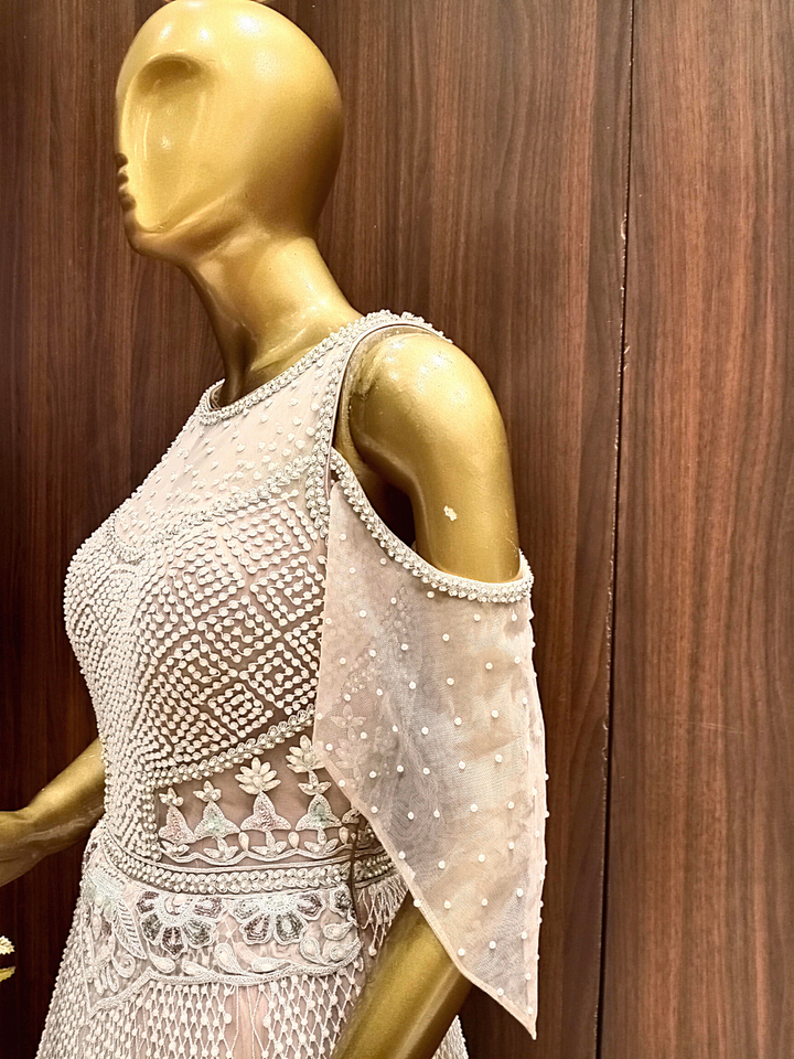 Pastel Pink Crystal Hand Embellished Layered Gown with Resham Embroidery