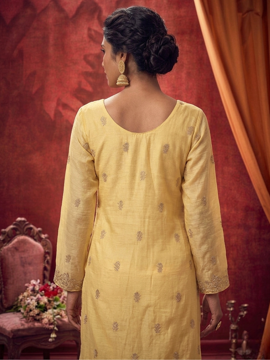 Zari Sequinned Embroidered Silk Kurta with Sharara and Dupatta with Floral Booti Pattern