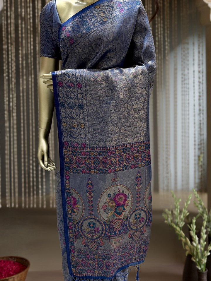 Steel Blue Banarasi Silk Saree with Zari Woven Floral Jaal & Meenakari Floral Medallion Pallu