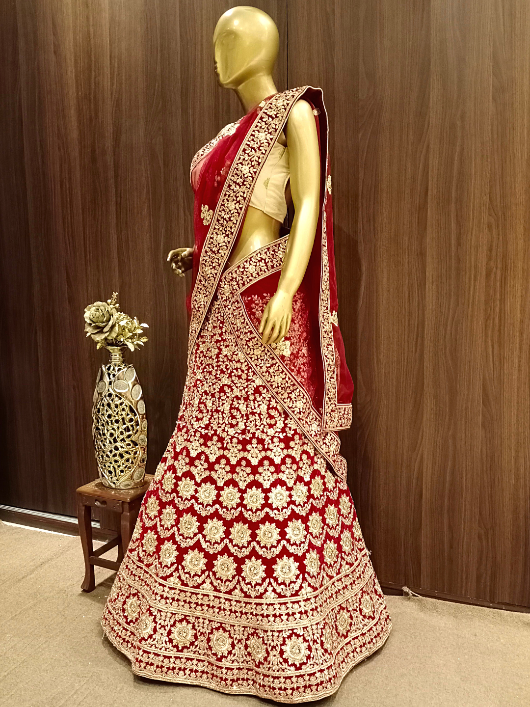Heavy Ornate Semi-stitched Bridal Lehenga with Gold Zari ,Kundan Embroidery