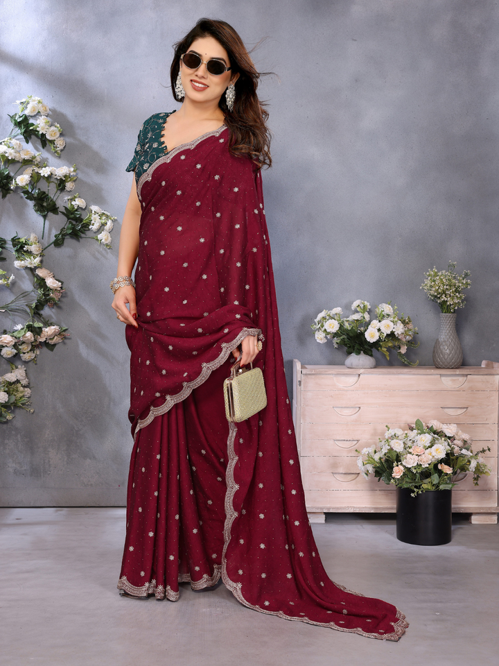 Maroon Sequin Embroidered Scalloped Border Saree with Green Embroidered Blouse