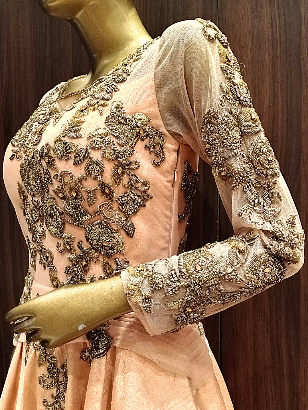 Peach Flared Gown With Zardozi Hand Embroidery and Double layering