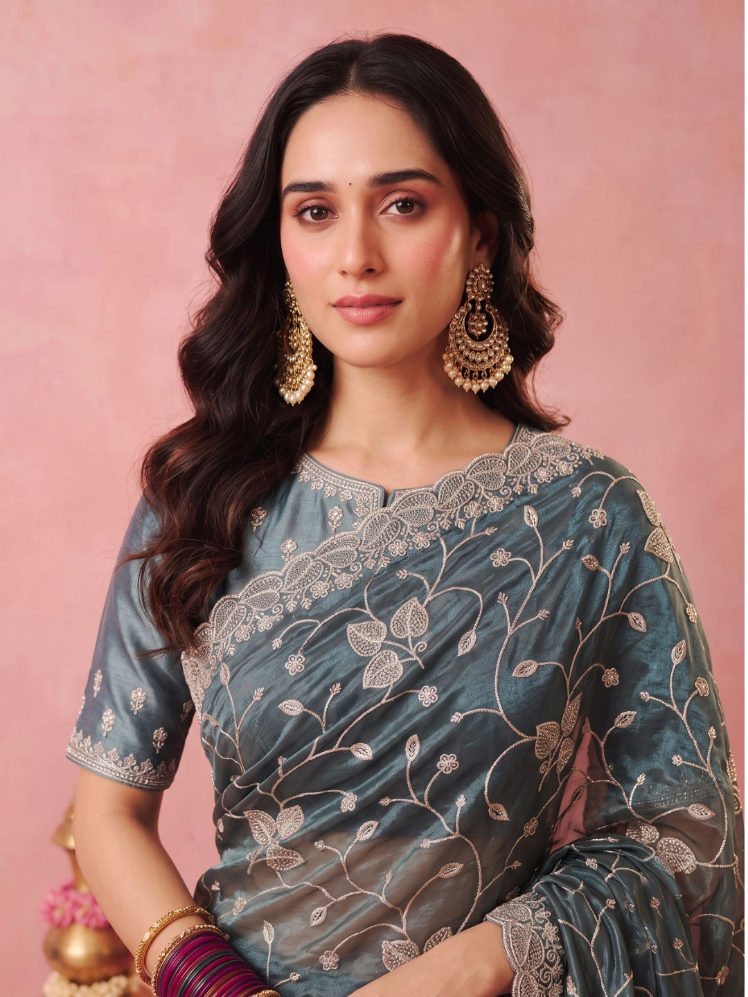 Tissue Organza Saree with Zari Floral Vine Embroidery & Scalloped Cutwork Border