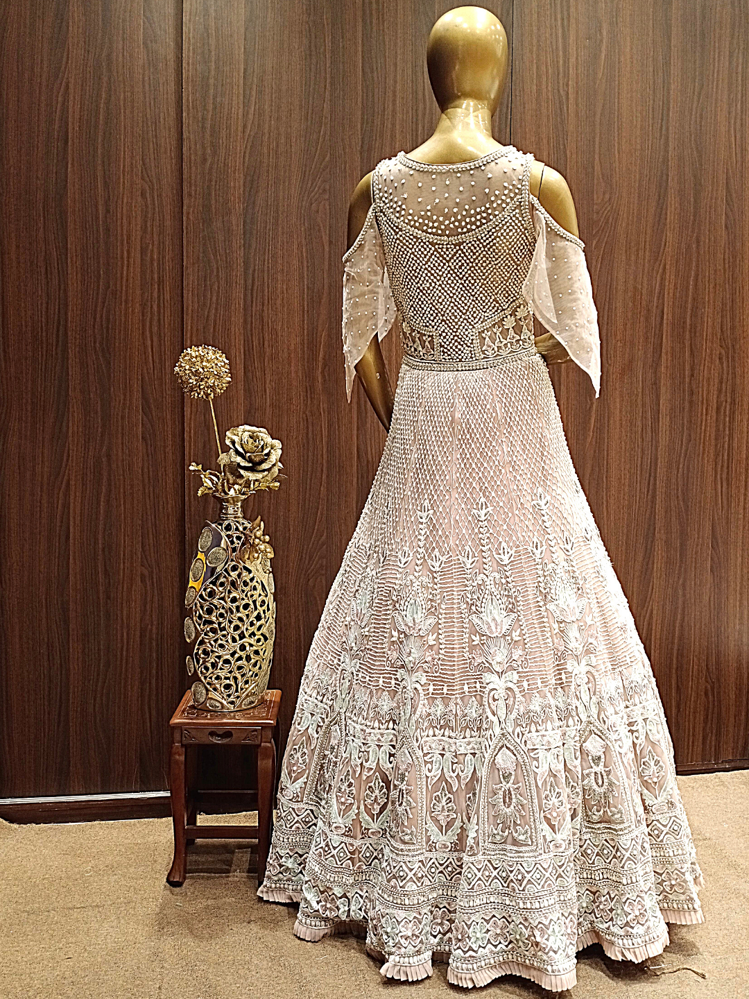 Pastel Pink Crystal Hand Embellished Layered Gown with Resham Embroidery