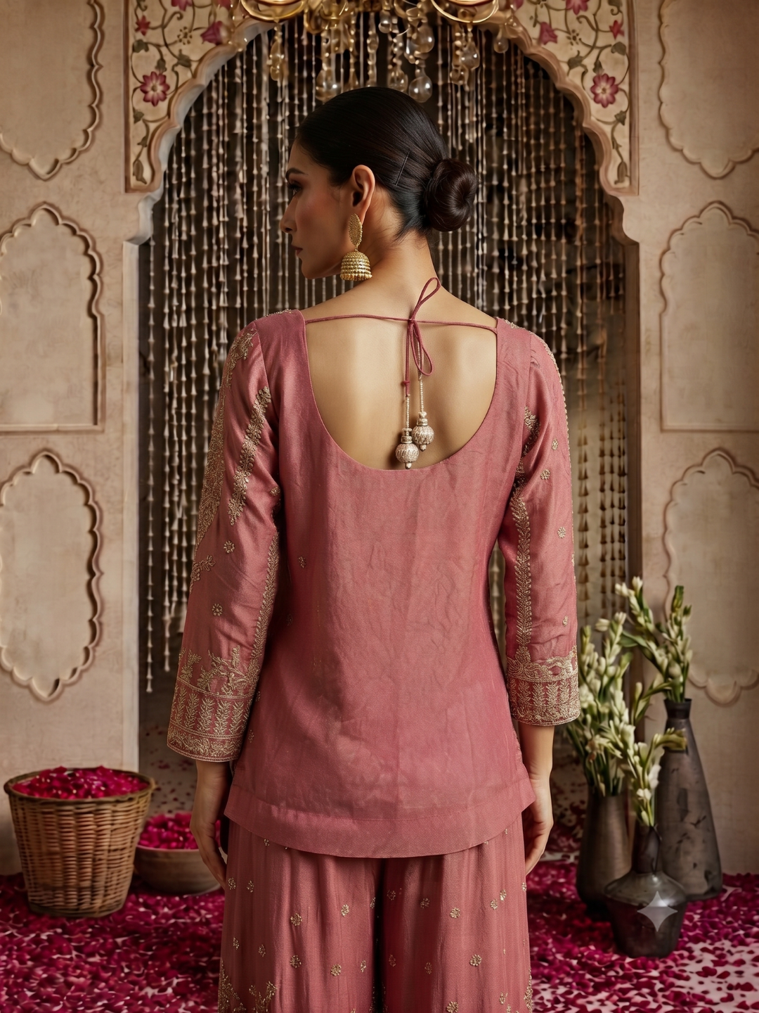 Zardozi & Sequin Embroidered Kurta with Sharara Set in Rose Pink