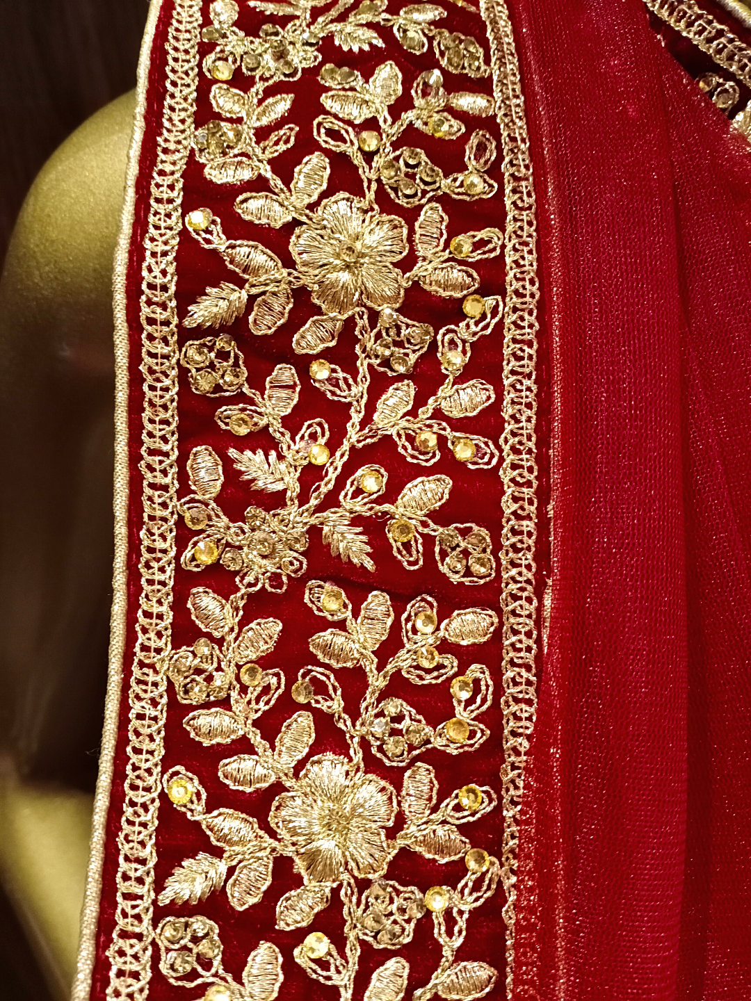 Heavy Ornate Semi-stitched Bridal Lehenga with Gold Zari ,Kundan Embroidery