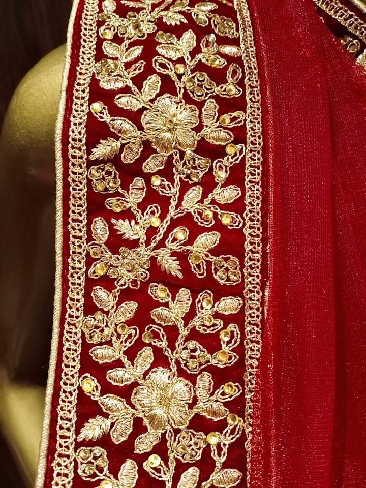 Heavy Ornate Semi-stitched Bridal Lehenga with Gold Zari ,Kundan Embroidery