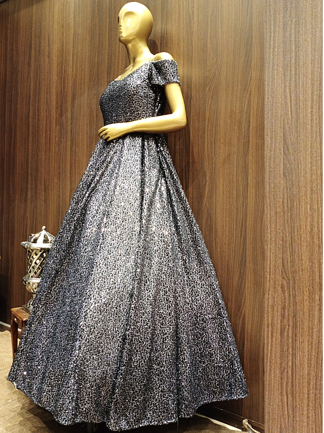 Flared Sequenced Metallic Lycra Gown with Off shoulder Neckline