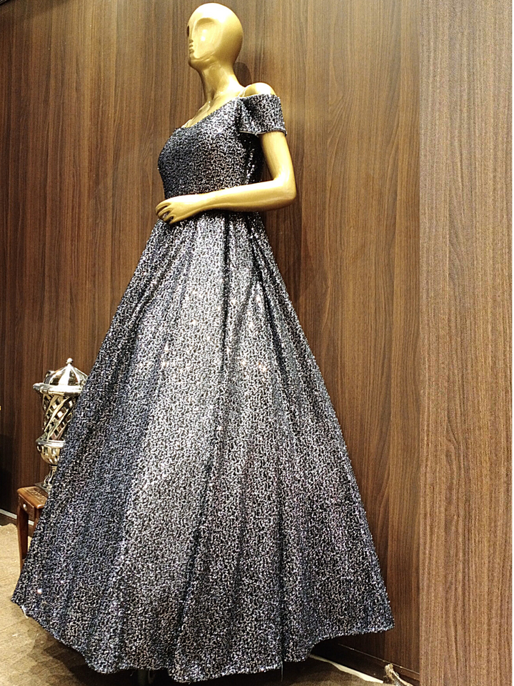 Flared Sequenced Metallic Lycra Gown with Off shoulder Neckline
