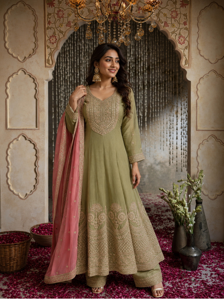 Sage Green Silk Anarkali Kurta Set with Zari & Sequin Floral Embroidery & Pink Tissue Dupatta