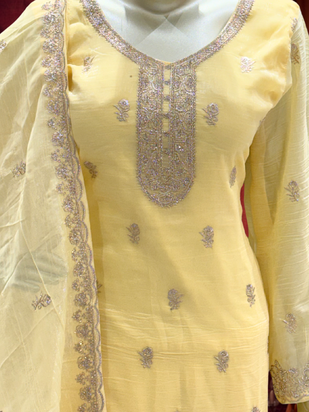 Zari Sequinned Embroidered Silk Kurta with Sharara and Dupatta with Floral Booti Pattern