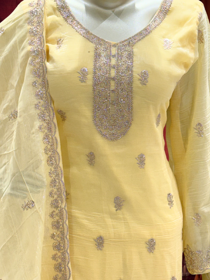 Zari Sequinned Embroidered Silk Kurta with Sharara and Dupatta with Floral Booti Pattern
