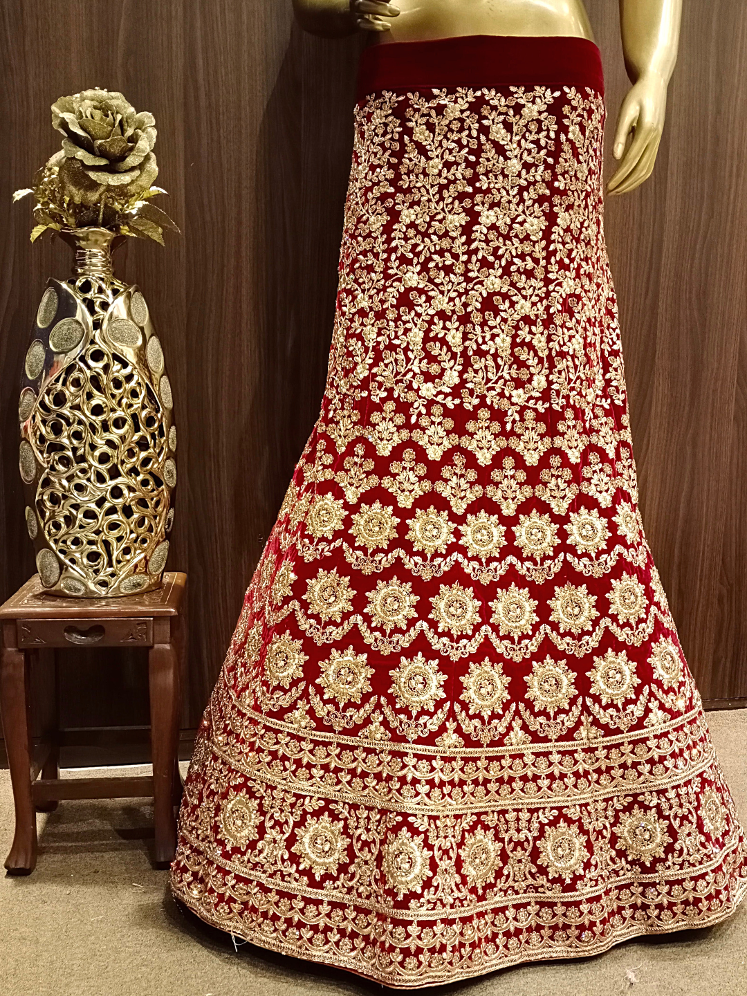 Heavy Ornate Semi-stitched Bridal Lehenga with Gold Zari ,Kundan Embroidery