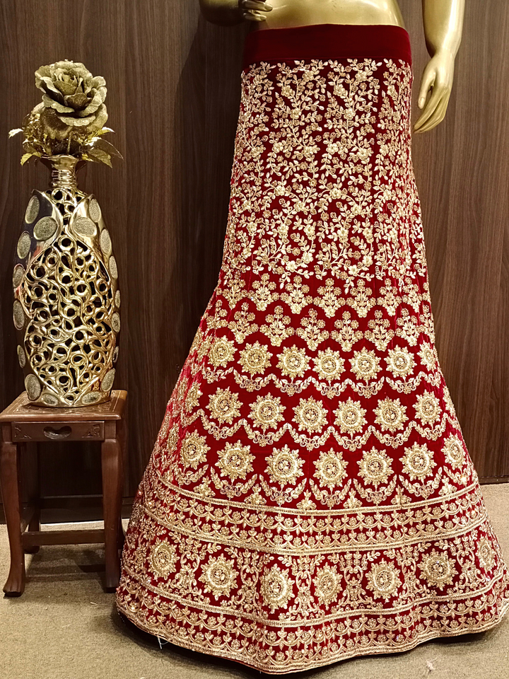 Heavy Ornate Semi-stitched Bridal Lehenga with Gold Zari ,Kundan Embroidery