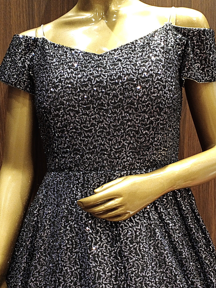 Flared Sequenced Metallic Lycra Gown with Off shoulder Neckline