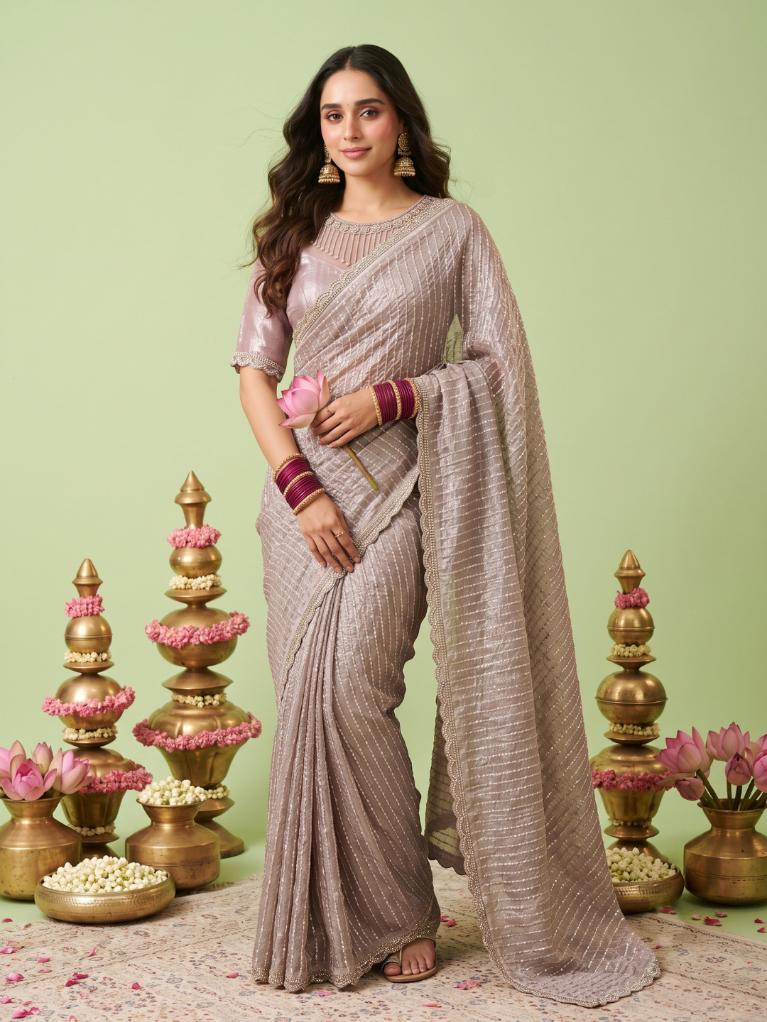 Crushed Tissue Saree with Silver Sequin Line Work & Scalloped Lace Border