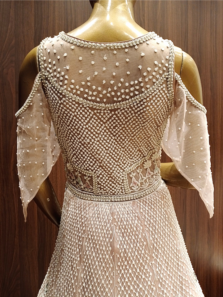 Pastel Pink Crystal Hand Embellished Layered Gown with Resham Embroidery