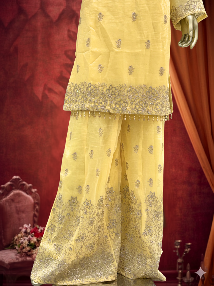 Zari Sequinned Embroidered Silk Kurta with Sharara and Dupatta with Floral Booti Pattern