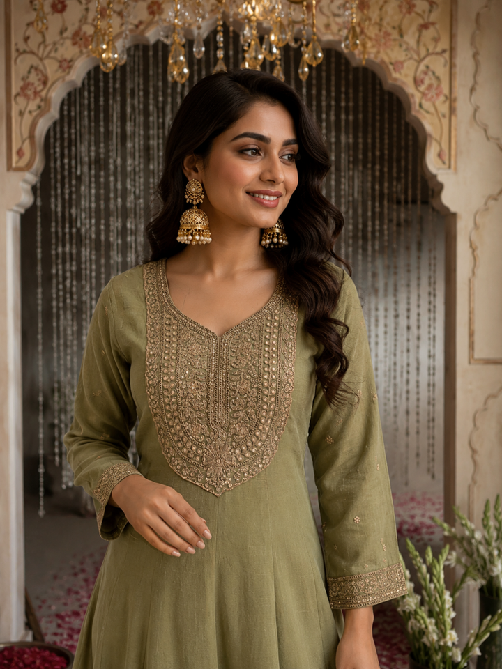 Sage Green Silk Anarkali Kurta Set with Zari & Sequin Floral Embroidery & Pink Tissue Dupatta