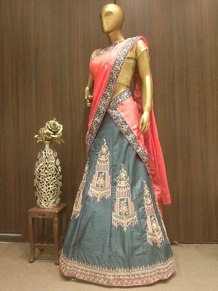 Grey Semi-Stitched Silk Lehenga Set with Contrast Crepe Dupatta & Resham Embroidery