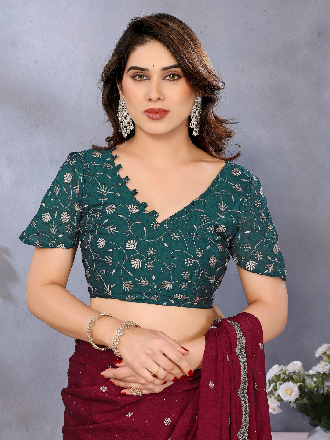 Maroon Sequin Embroidered Scalloped Border Saree with Green Embroidered Blouse