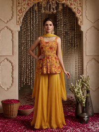 Floral Printed Peplum Top with Sharara Pants Set in Mustard Yellow
