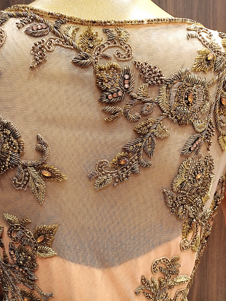 Peach Flared Gown With Zardozi Hand Embroidery and Double layering