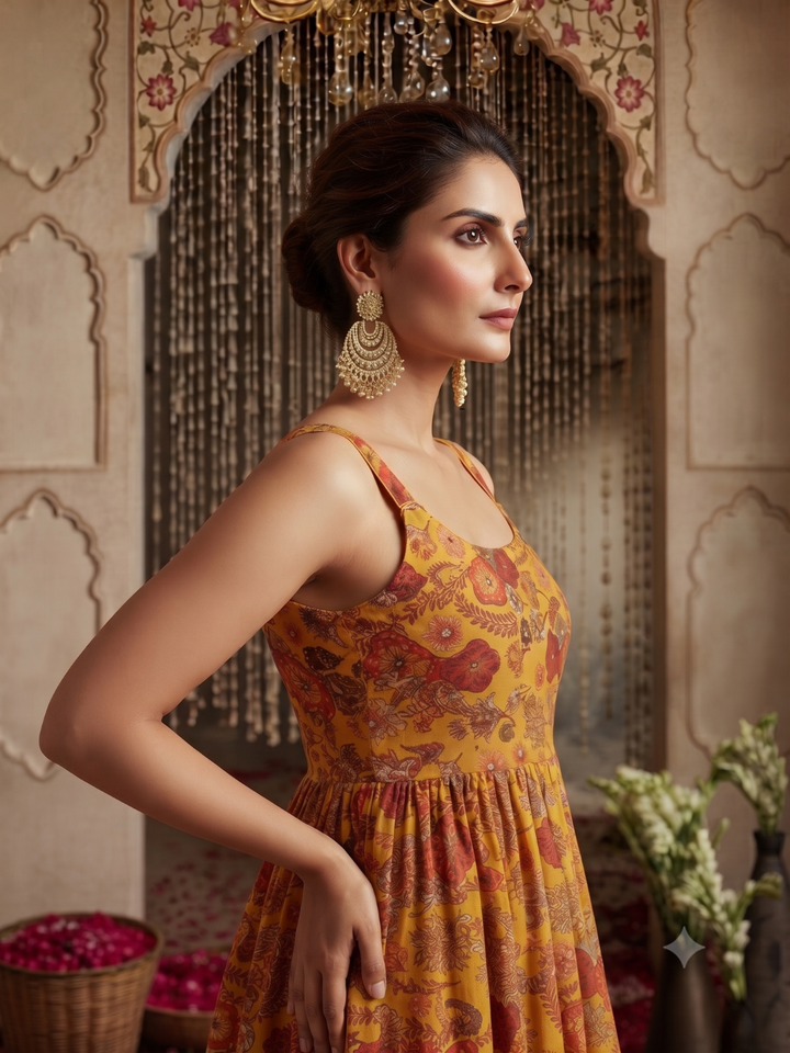 Floral Printed Peplum Top with Sharara Pants Set in Mustard Yellow