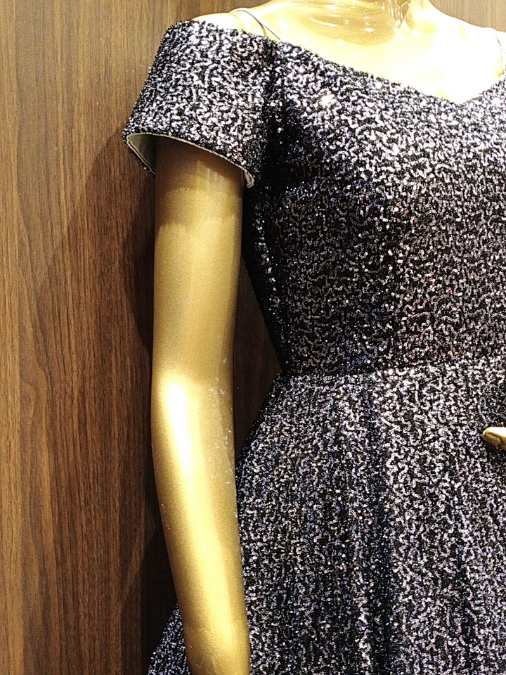 Flared Sequenced Metallic Lycra Gown with Off shoulder Neckline