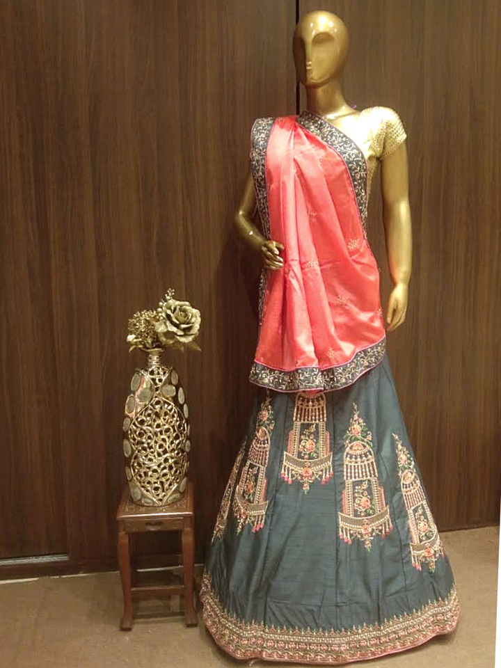 Grey Semi-Stitched Silk Lehenga Set with Contrast Crepe Dupatta & Resham Embroidery