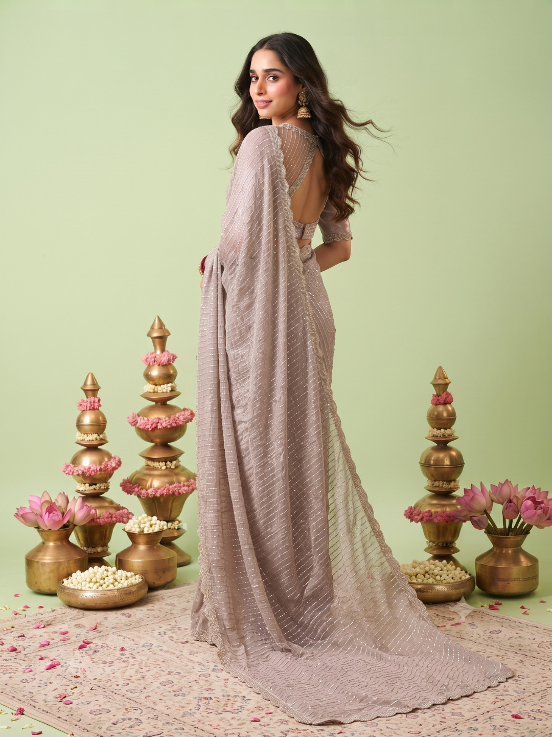 Crushed Tissue Saree with Silver Sequin Line Work & Scalloped Lace Border