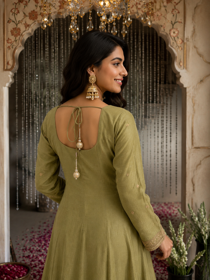 Sage Green Silk Anarkali Kurta Set with Zari & Sequin Floral Embroidery & Pink Tissue Dupatta