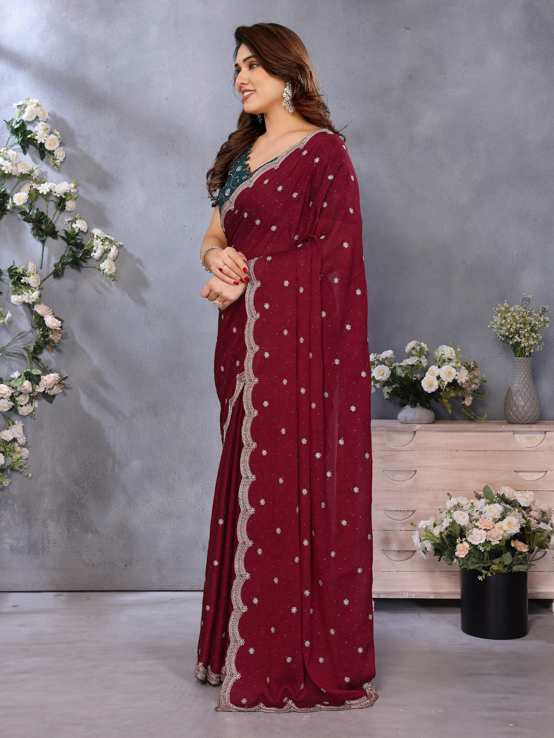 Maroon Sequin Embroidered Scalloped Border Saree with Green Embroidered Blouse