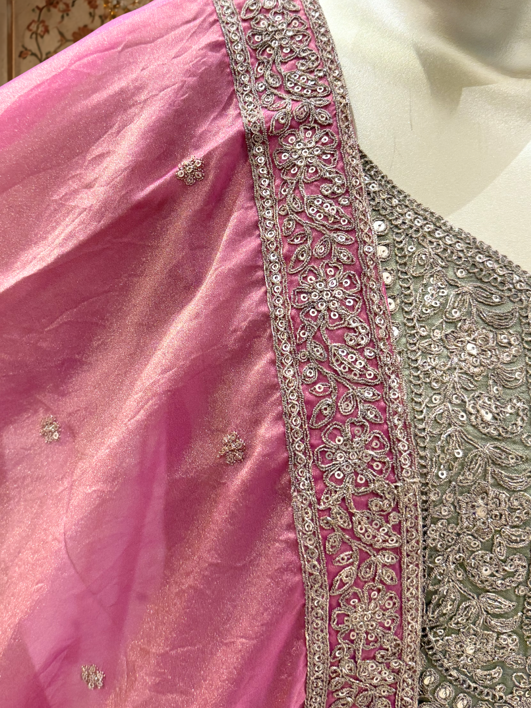 Sage Green Silk Anarkali Kurta Set with Zari & Sequin Floral Embroidery & Pink Tissue Dupatta